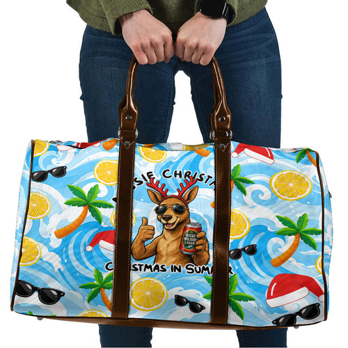 Aussie Christmas In Summer Travel Bag Surfing Santa And Kangaroo - Tropical Cartoon Beach