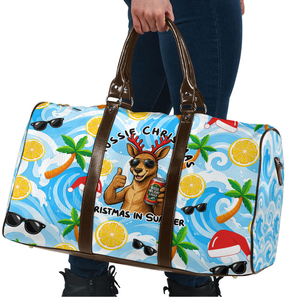 Aussie Christmas In Summer Travel Bag Surfing Santa And Kangaroo - Tropical Cartoon Beach