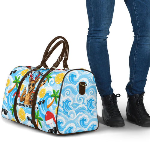 Aussie Christmas In Summer Travel Bag Surfing Santa And Kangaroo - Tropical Cartoon Beach