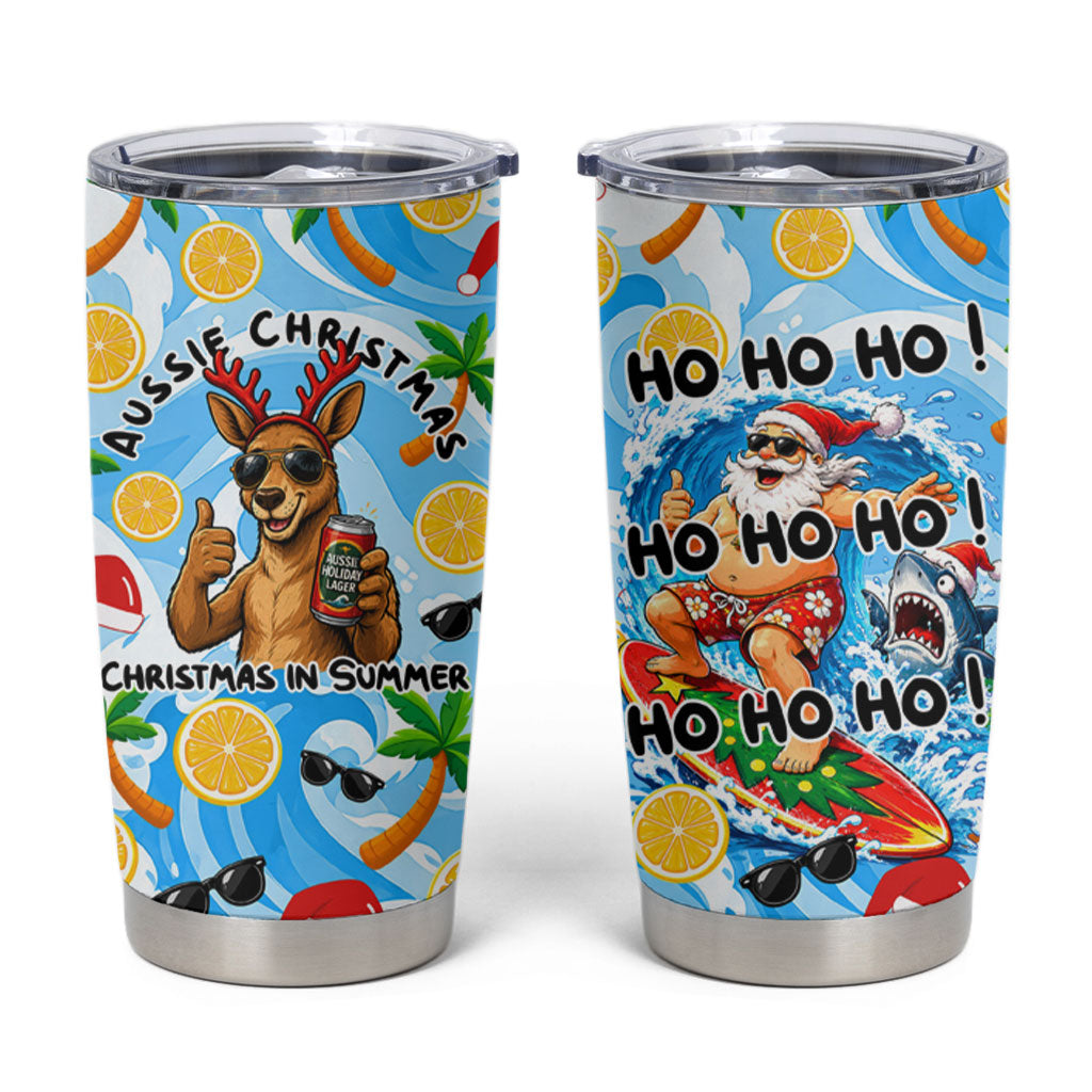 Aussie Christmas In Summer Tumbler Cup Surfing Santa And Kangaroo - Tropical Cartoon Beach