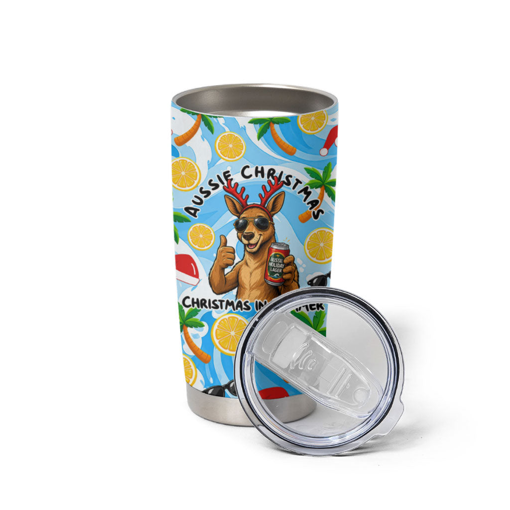 Aussie Christmas In Summer Tumbler Cup Surfing Santa And Kangaroo - Tropical Cartoon Beach