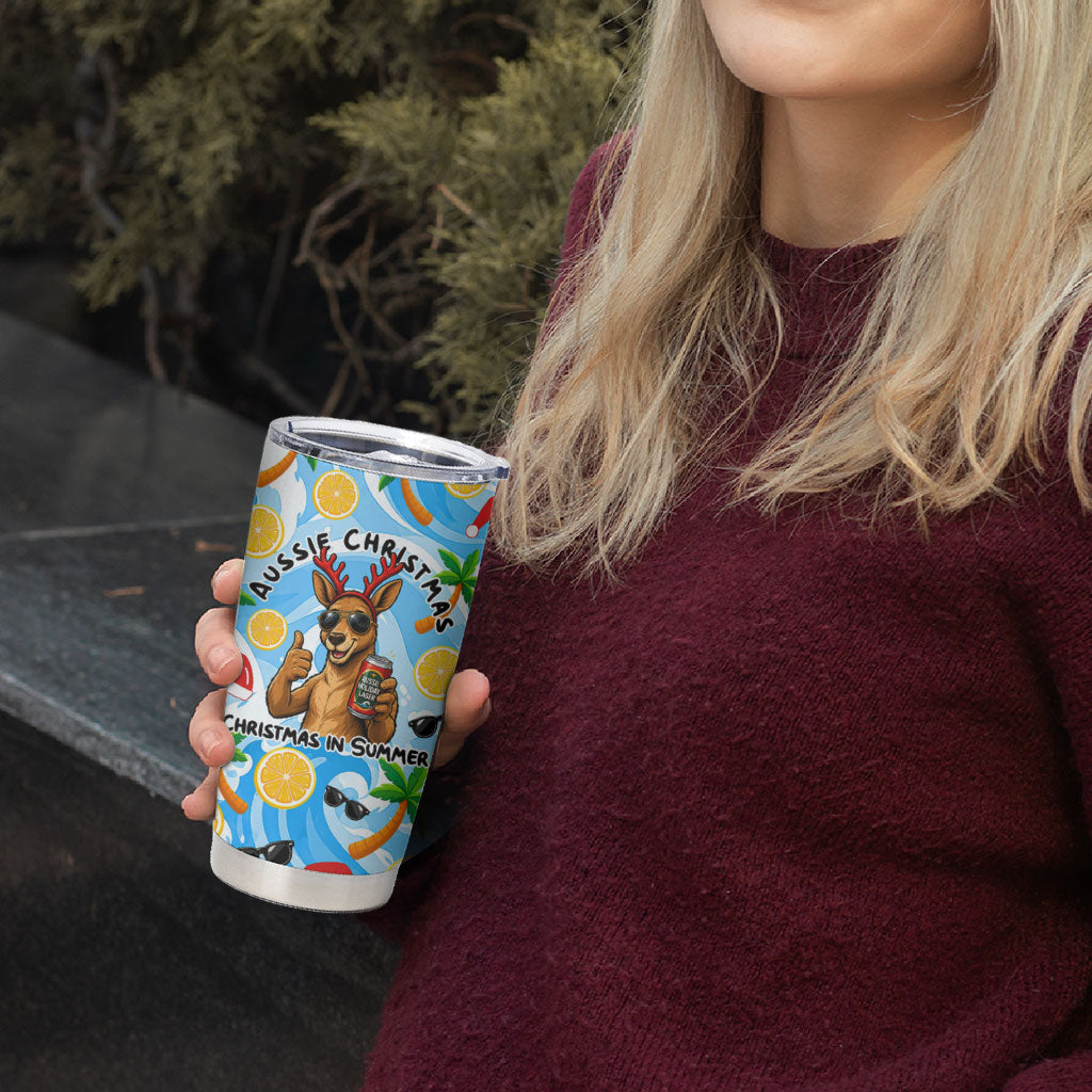 Aussie Christmas In Summer Tumbler Cup Surfing Santa And Kangaroo - Tropical Cartoon Beach
