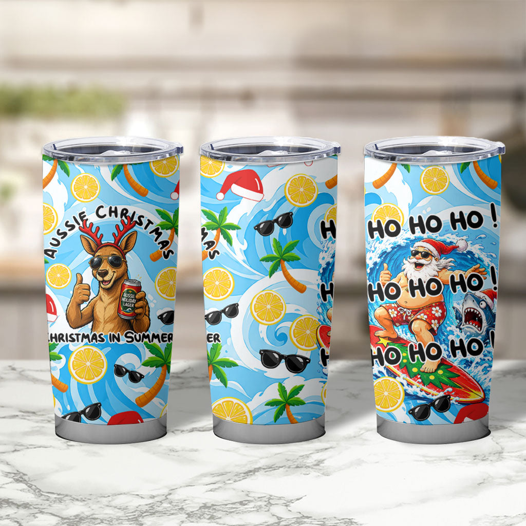 Aussie Christmas In Summer Tumbler Cup Surfing Santa And Kangaroo - Tropical Cartoon Beach