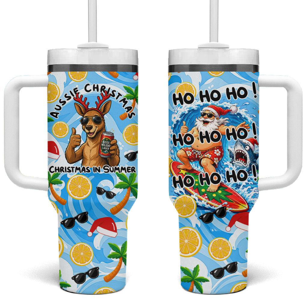 Aussie Christmas In Summer Tumbler With Handle Surfing Santa And Kangaroo - Tropical Cartoon Beach