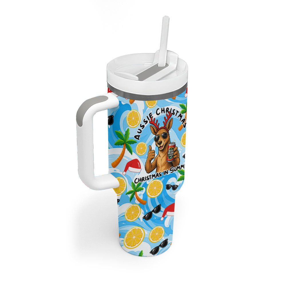 Aussie Christmas In Summer Tumbler With Handle Surfing Santa And Kangaroo - Tropical Cartoon Beach
