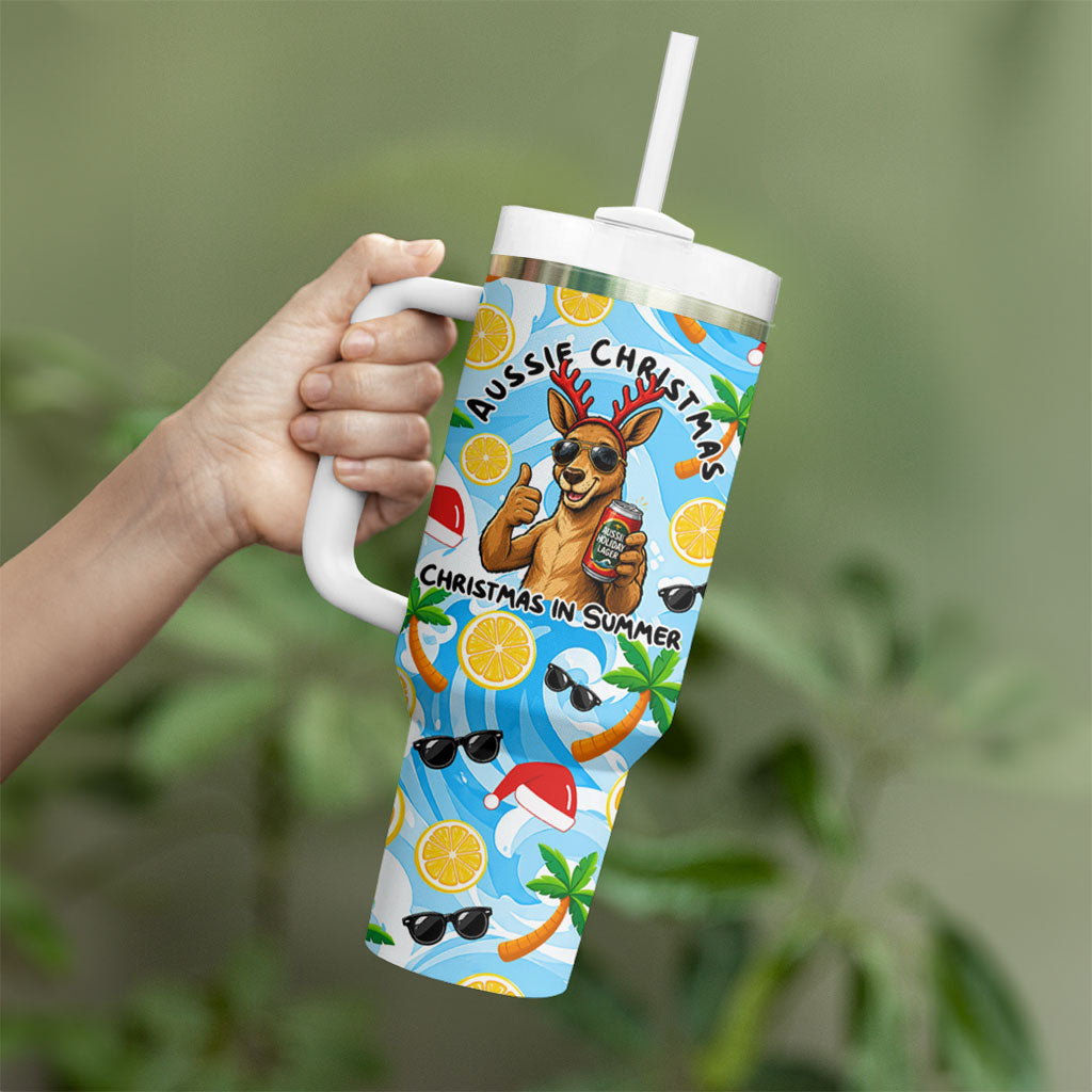 Aussie Christmas In Summer Tumbler With Handle Surfing Santa And Kangaroo - Tropical Cartoon Beach