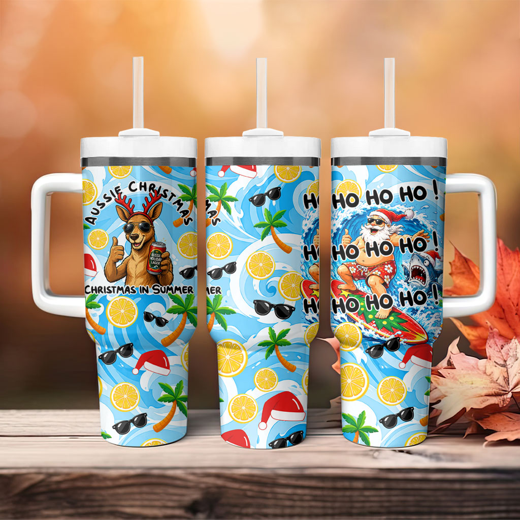 Aussie Christmas In Summer Tumbler With Handle Surfing Santa And Kangaroo - Tropical Cartoon Beach