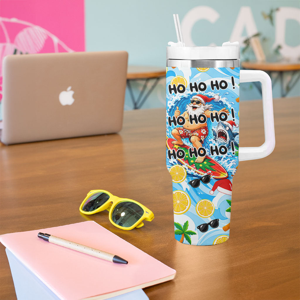 Aussie Christmas In Summer Tumbler With Handle Surfing Santa And Kangaroo - Tropical Cartoon Beach