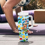 Aussie Christmas In Summer Tumbler With Handle Surfing Santa And Kangaroo - Tropical Cartoon Beach
