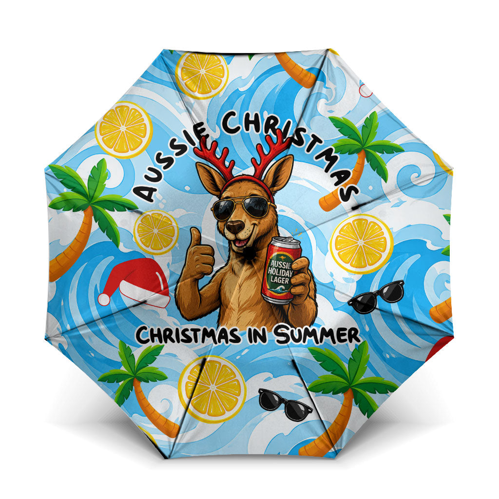 Aussie Christmas In Summer Umbrella Surfing Santa And Kangaroo - Tropical Cartoon Beach