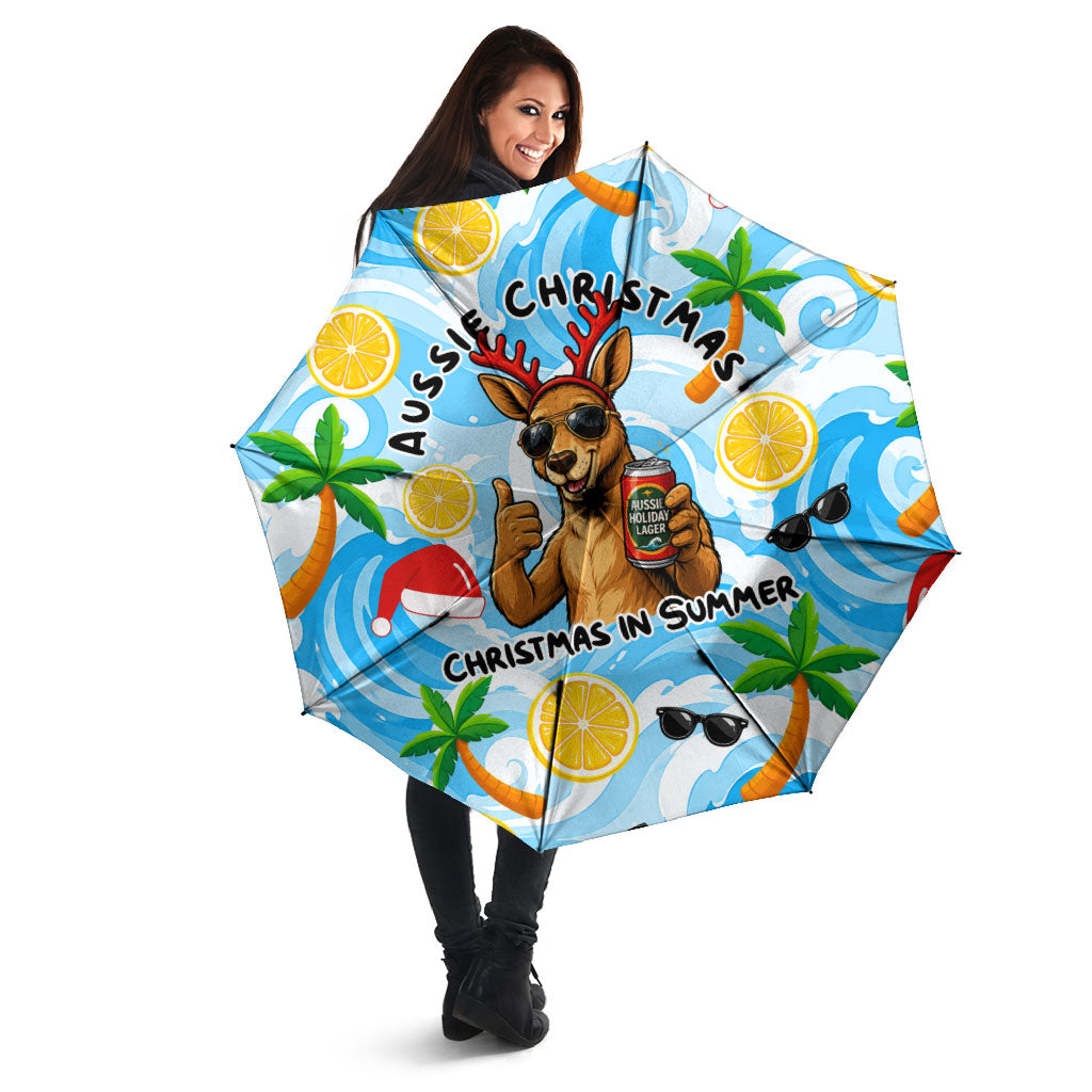 Aussie Christmas In Summer Umbrella Surfing Santa And Kangaroo - Tropical Cartoon Beach