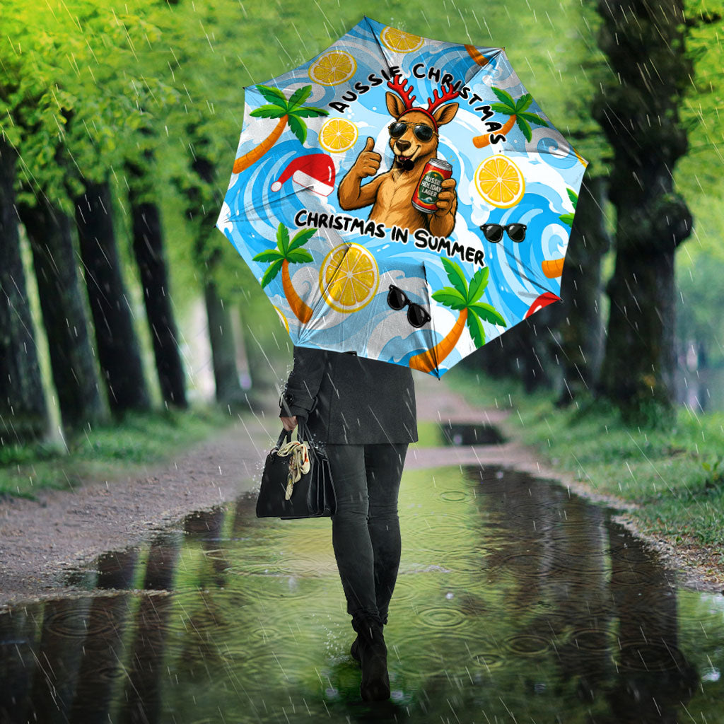 Aussie Christmas In Summer Umbrella Surfing Santa And Kangaroo - Tropical Cartoon Beach