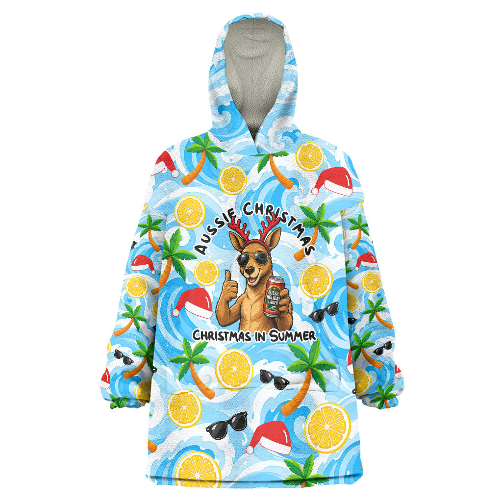 Aussie Christmas In Summer Wearable Blanket Hoodie Surfing Santa And Kangaroo - Tropical Cartoon Beach