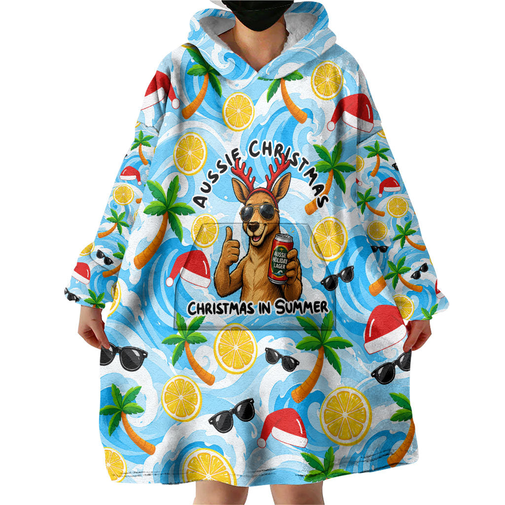 Aussie Christmas In Summer Wearable Blanket Hoodie Surfing Santa And Kangaroo - Tropical Cartoon Beach