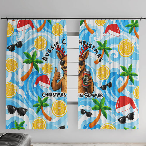 Aussie Christmas In Summer Window Curtain Surfing Santa And Kangaroo - Tropical Cartoon Beach