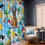 Aussie Christmas In Summer Window Curtain Surfing Santa And Kangaroo - Tropical Cartoon Beach