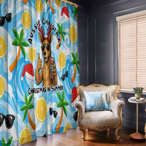 Aussie Christmas In Summer Window Curtain Surfing Santa And Kangaroo - Tropical Cartoon Beach