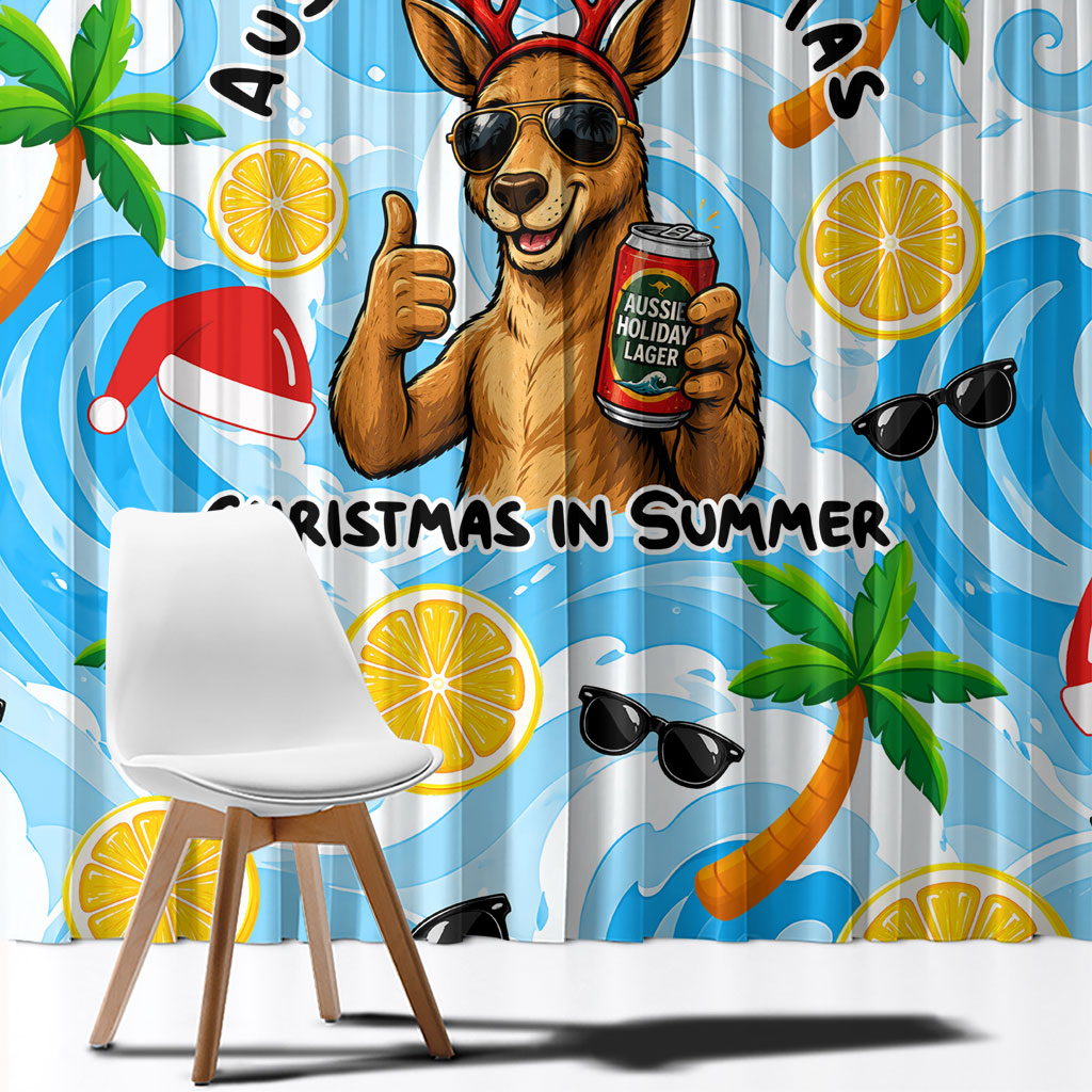 Aussie Christmas In Summer Window Curtain Surfing Santa And Kangaroo - Tropical Cartoon Beach