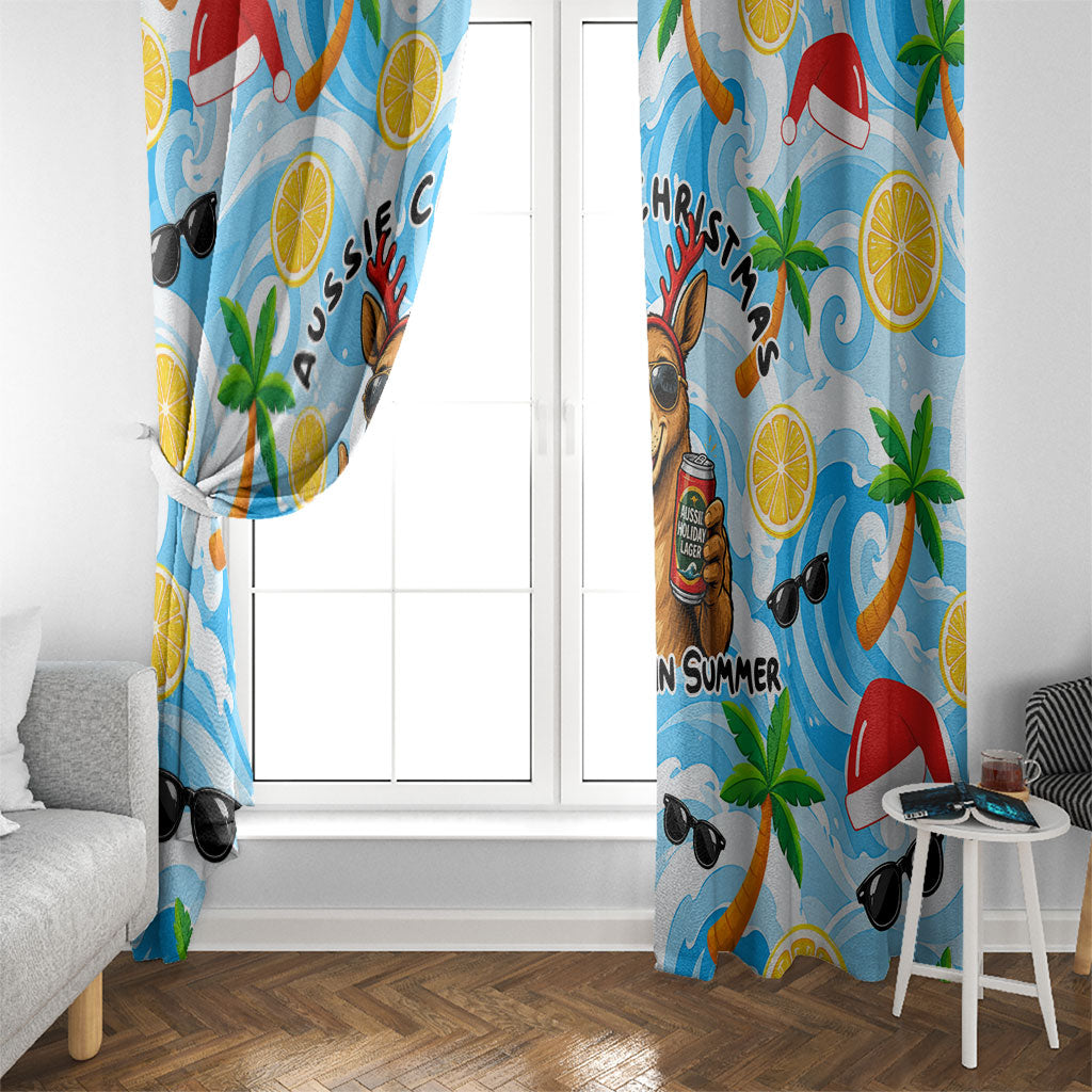 Aussie Christmas In Summer Window Curtain Surfing Santa And Kangaroo - Tropical Cartoon Beach