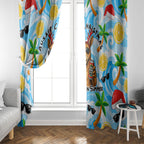 Aussie Christmas In Summer Window Curtain Surfing Santa And Kangaroo - Tropical Cartoon Beach