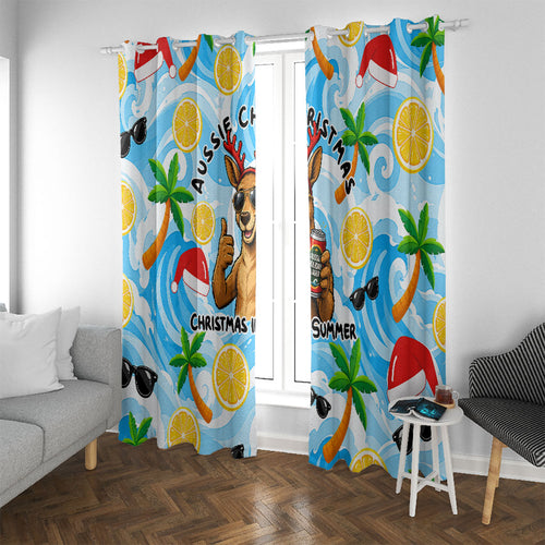 Aussie Christmas In Summer Window Curtain Surfing Santa And Kangaroo - Tropical Cartoon Beach