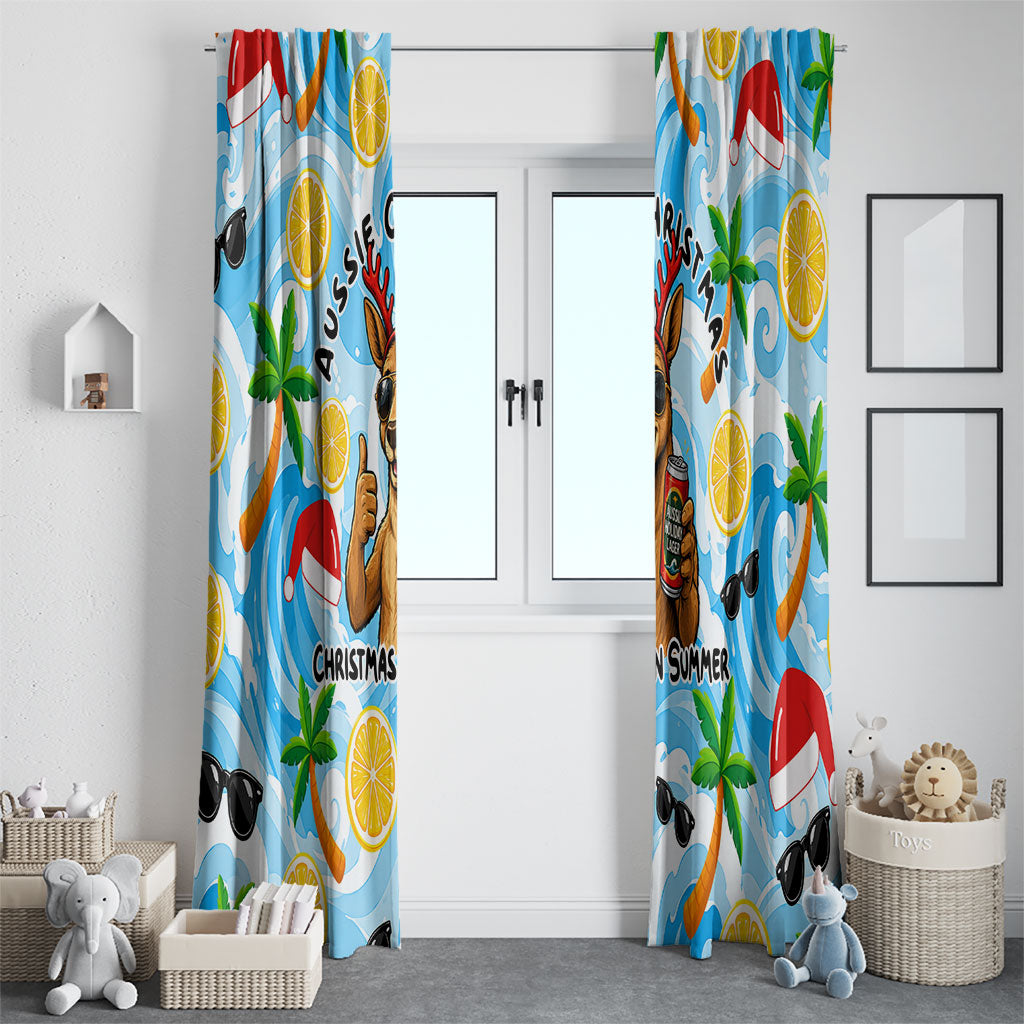 Aussie Christmas In Summer Window Curtain Surfing Santa And Kangaroo - Tropical Cartoon Beach