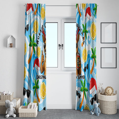 Aussie Christmas In Summer Window Curtain Surfing Santa And Kangaroo - Tropical Cartoon Beach
