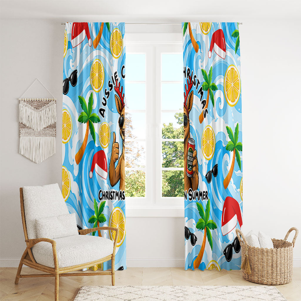 Aussie Christmas In Summer Window Curtain Surfing Santa And Kangaroo - Tropical Cartoon Beach