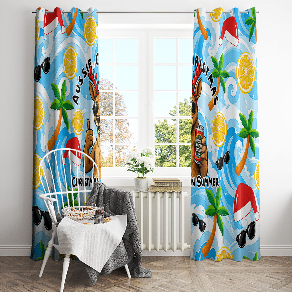 Aussie Christmas In Summer Window Curtain Surfing Santa And Kangaroo - Tropical Cartoon Beach