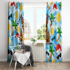 Aussie Christmas In Summer Window Curtain Surfing Santa And Kangaroo - Tropical Cartoon Beach