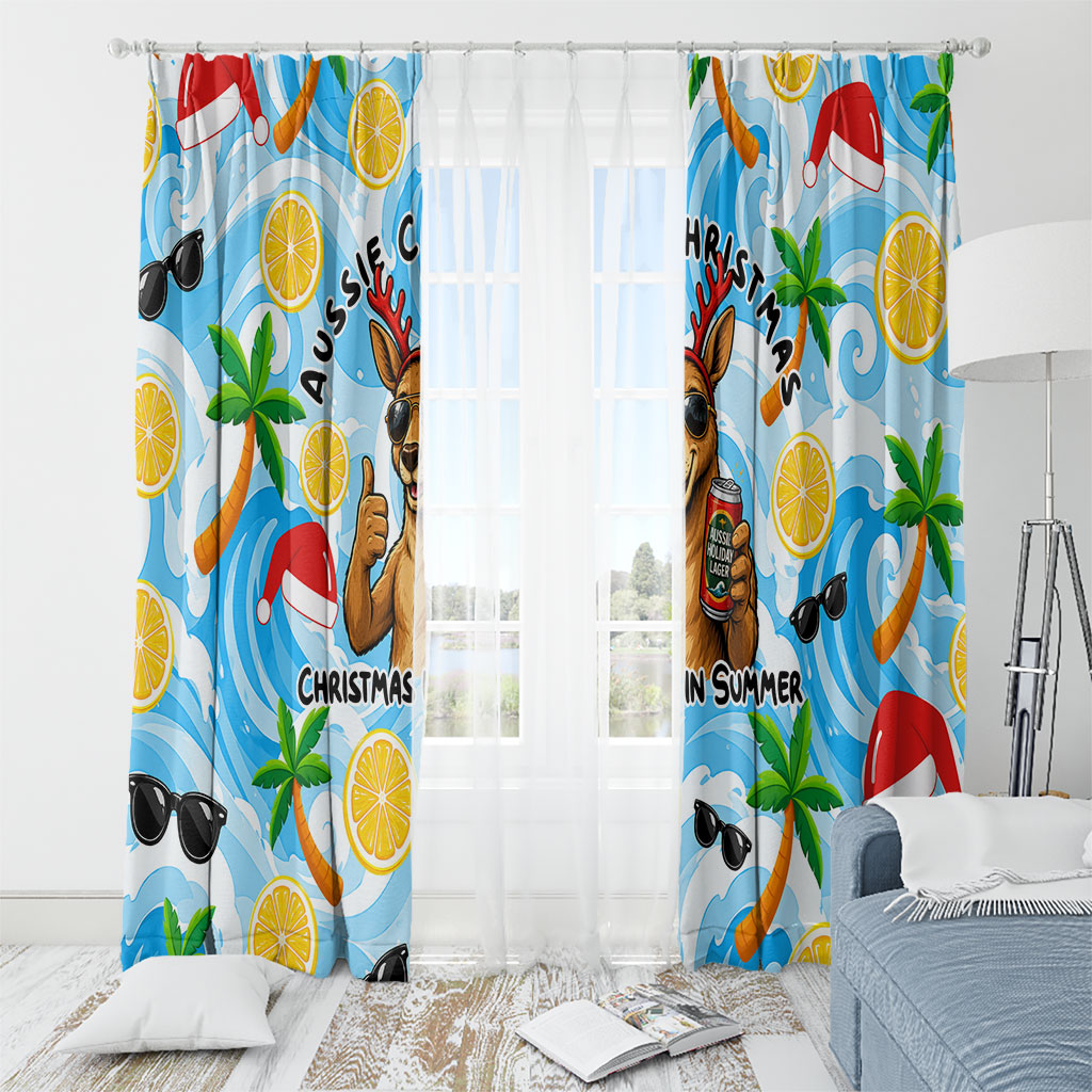 Aussie Christmas In Summer Window Curtain Surfing Santa And Kangaroo - Tropical Cartoon Beach