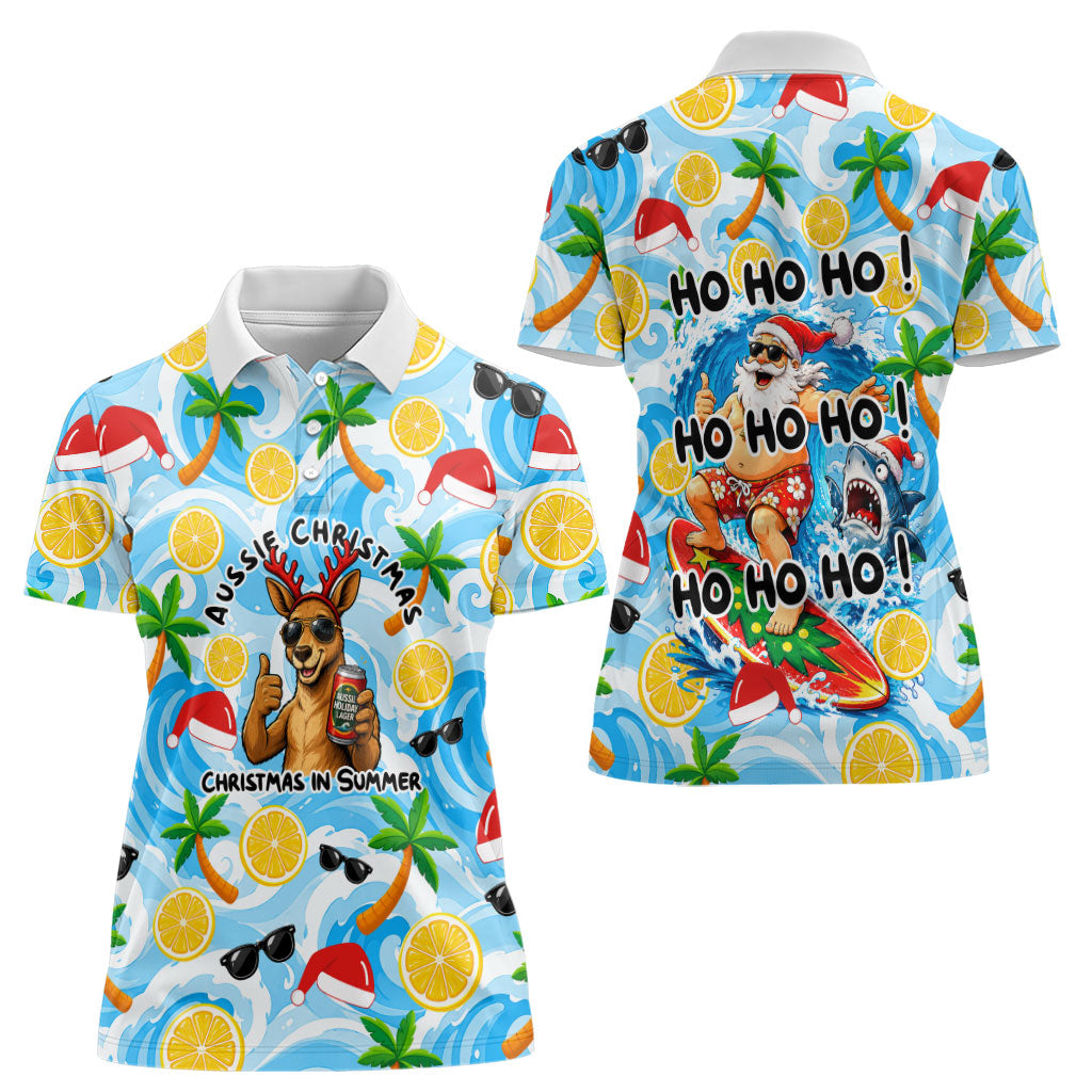 Aussie Christmas In Summer Women Polo Shirt Surfing Santa And Kangaroo - Tropical Cartoon Beach