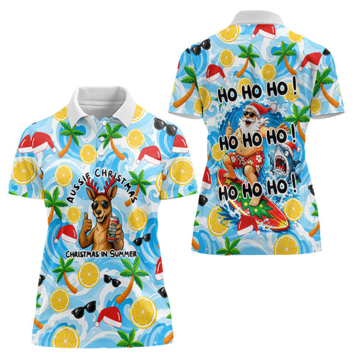 Aussie Christmas In Summer Women Polo Shirt Surfing Santa And Kangaroo - Tropical Cartoon Beach
