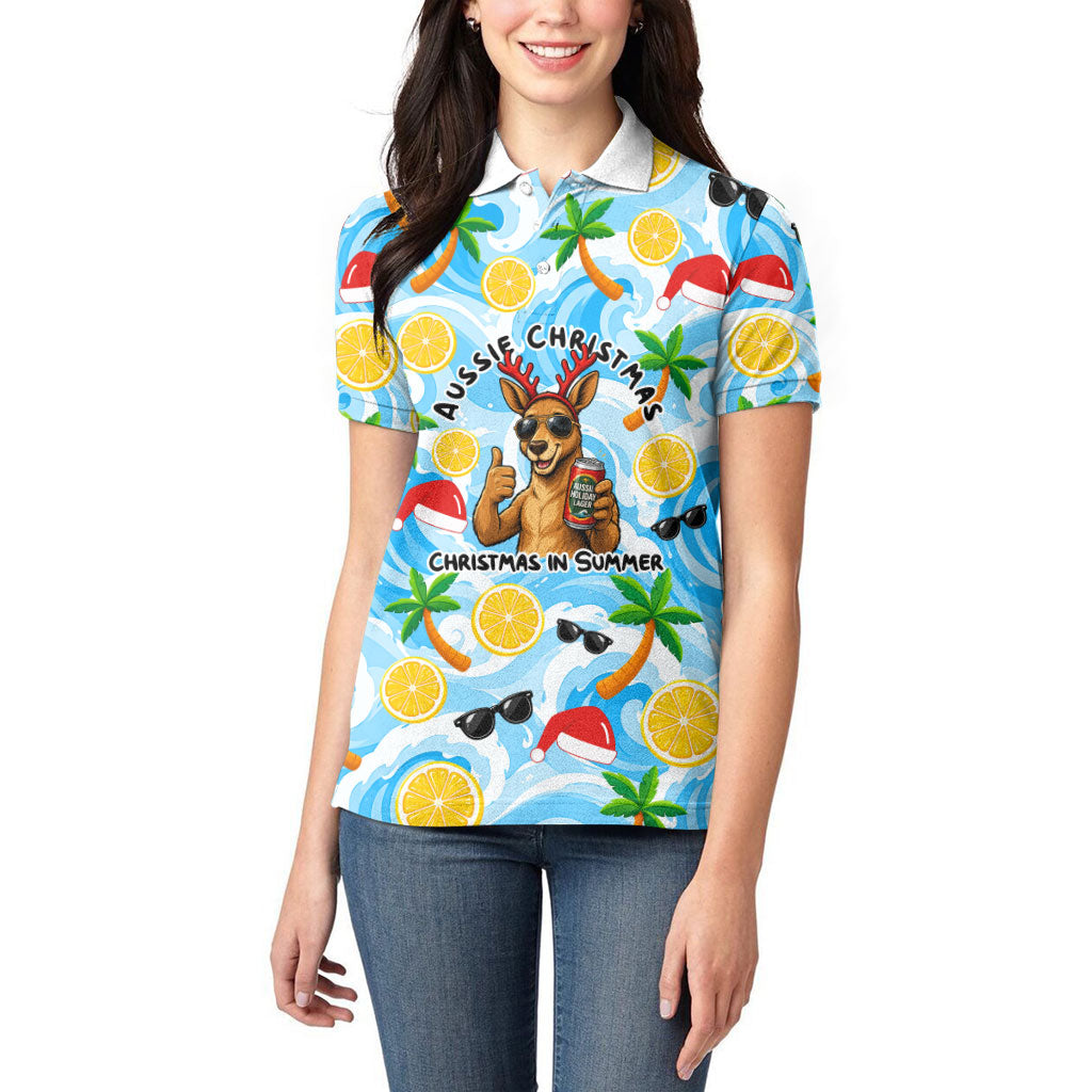Aussie Christmas In Summer Women Polo Shirt Surfing Santa And Kangaroo - Tropical Cartoon Beach