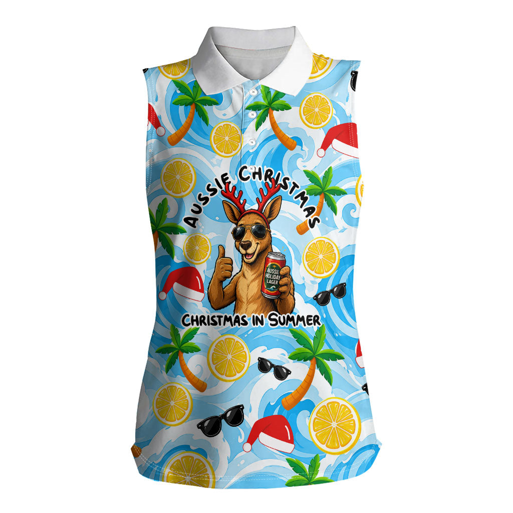 Aussie Christmas In Summer Women Sleeveless Polo Shirt Surfing Santa And Kangaroo - Tropical Cartoon Beach