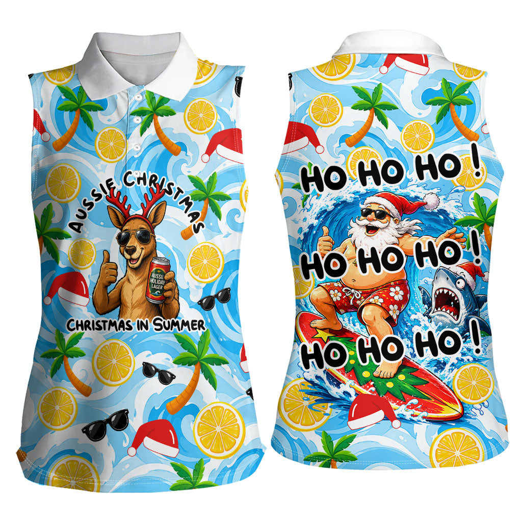 Aussie Christmas In Summer Women Sleeveless Polo Shirt Surfing Santa And Kangaroo - Tropical Cartoon Beach