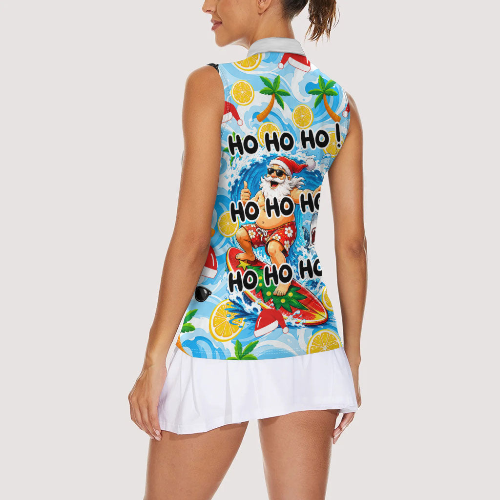 Aussie Christmas In Summer Women Sleeveless Polo Shirt Surfing Santa And Kangaroo - Tropical Cartoon Beach