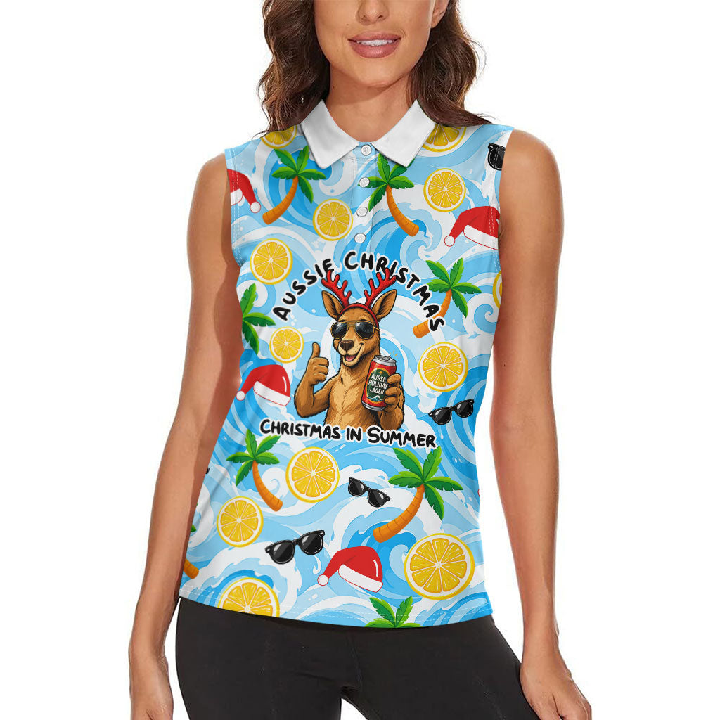Aussie Christmas In Summer Women Sleeveless Polo Shirt Surfing Santa And Kangaroo - Tropical Cartoon Beach