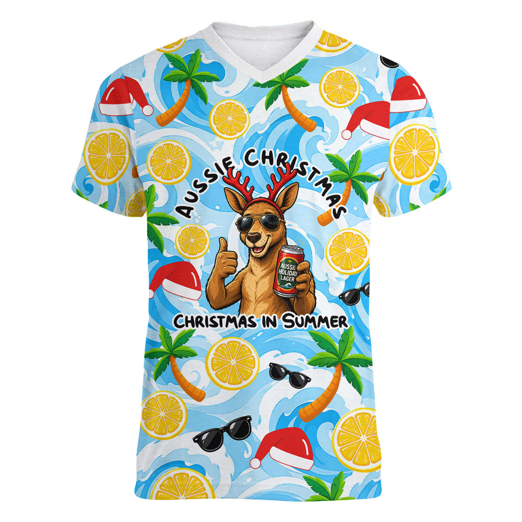 Aussie Christmas In Summer Women V-Neck T-Shirt Surfing Santa And Kangaroo - Tropical Cartoon Beach