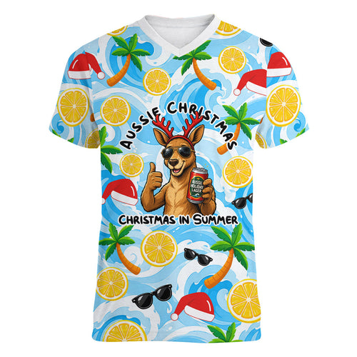 Aussie Christmas In Summer Women V-Neck T-Shirt Surfing Santa And Kangaroo - Tropical Cartoon Beach
