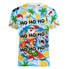 Aussie Christmas In Summer Women V-Neck T-Shirt Surfing Santa And Kangaroo - Tropical Cartoon Beach