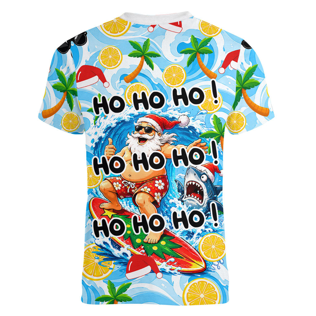 Aussie Christmas In Summer Women V-Neck T-Shirt Surfing Santa And Kangaroo - Tropical Cartoon Beach