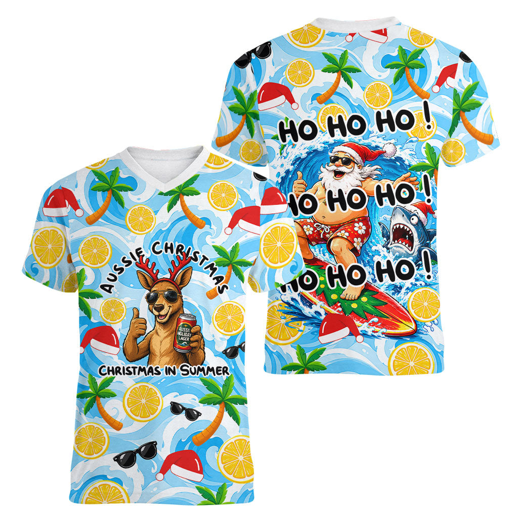 Aussie Christmas In Summer Women V-Neck T-Shirt Surfing Santa And Kangaroo - Tropical Cartoon Beach