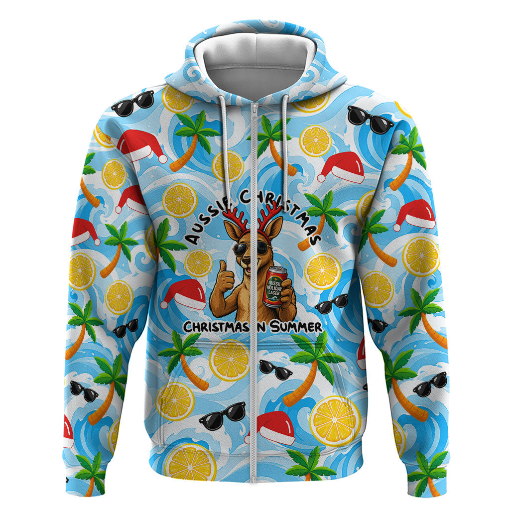 Aussie Christmas In Summer Zip Hoodie Surfing Santa And Kangaroo - Tropical Cartoon Beach