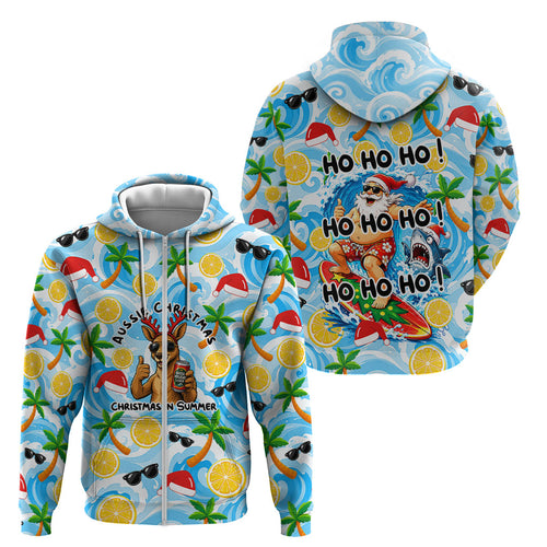 Aussie Christmas In Summer Zip Hoodie Surfing Santa And Kangaroo - Tropical Cartoon Beach