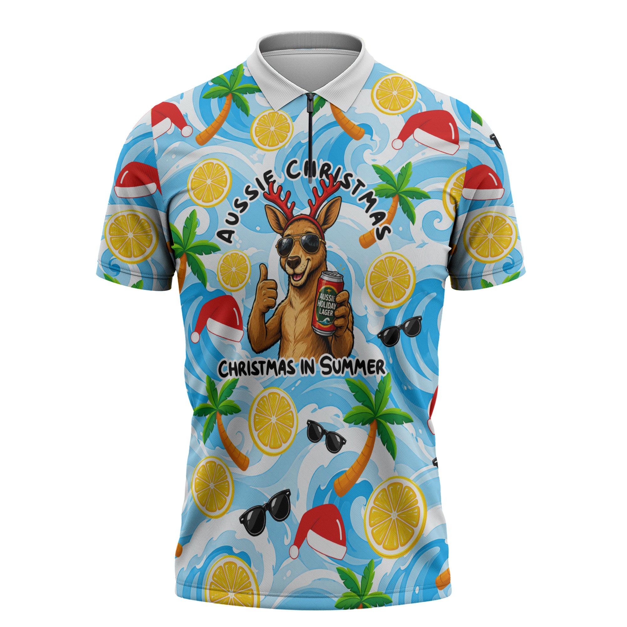 Aussie Christmas In Summer Zipper Polo Shirt Surfing Santa And Kangaroo - Tropical Cartoon Beach