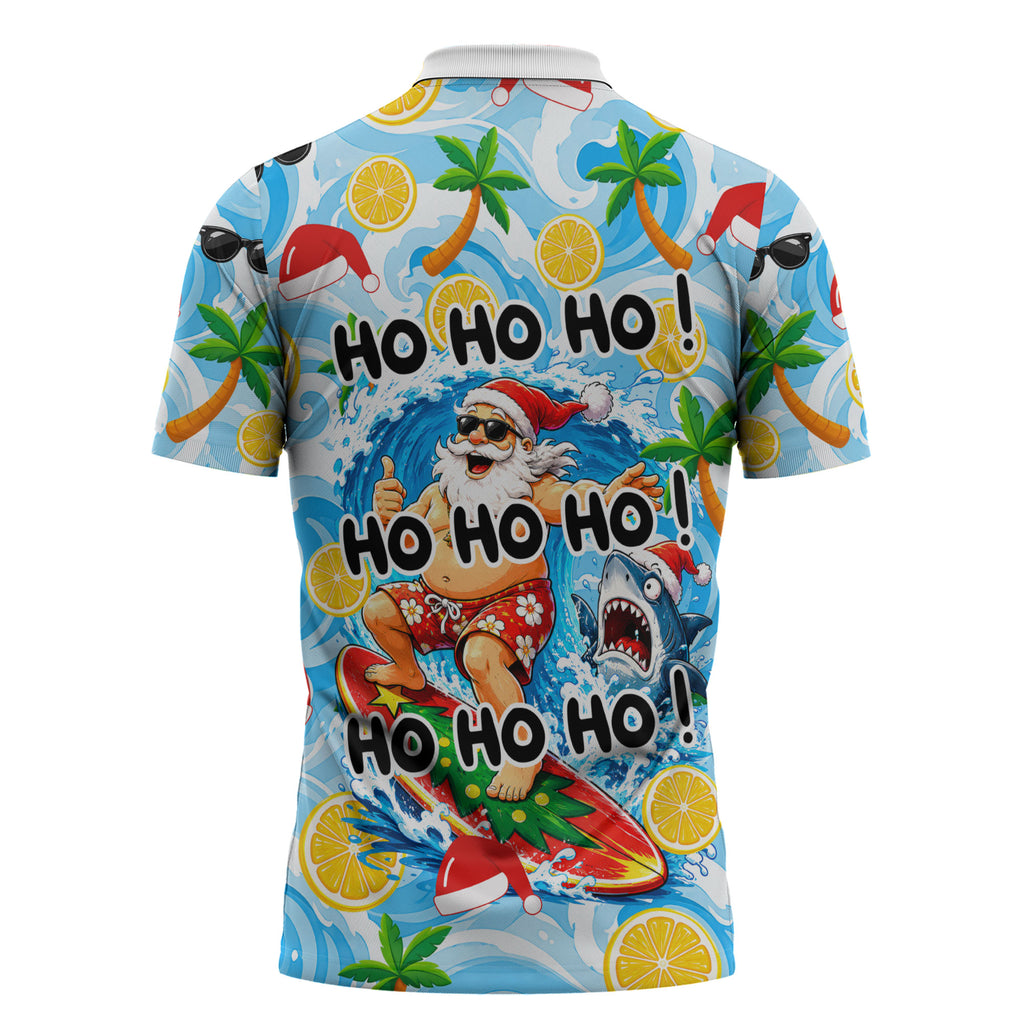 Aussie Christmas In Summer Zipper Polo Shirt Surfing Santa And Kangaroo - Tropical Cartoon Beach