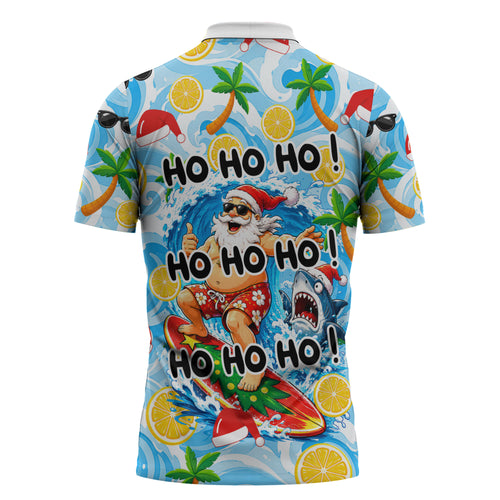 Aussie Christmas In Summer Zipper Polo Shirt Surfing Santa And Kangaroo - Tropical Cartoon Beach
