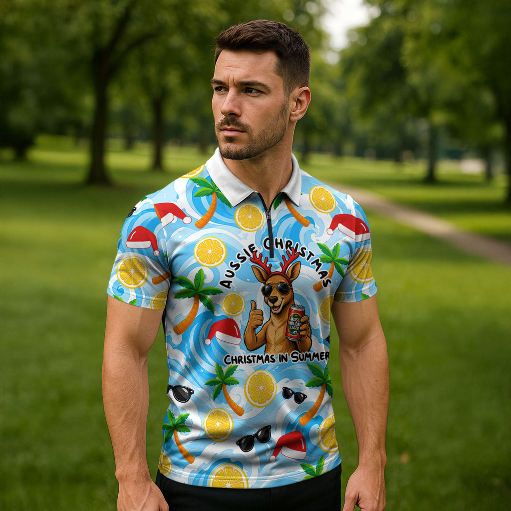 Aussie Christmas In Summer Zipper Polo Shirt Surfing Santa And Kangaroo - Tropical Cartoon Beach