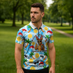Aussie Christmas In Summer Zipper Polo Shirt Surfing Santa And Kangaroo - Tropical Cartoon Beach